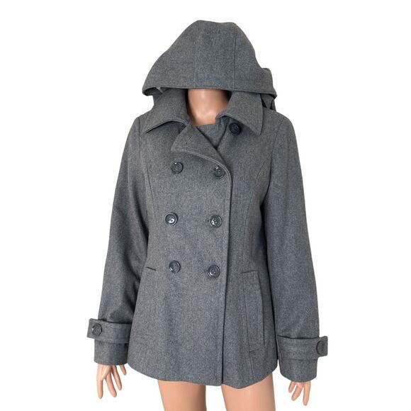 Calvin Klein Wool Blend Light Gray 3 Button Peacoat Size 8 with removable hood - Picture 3 of 12